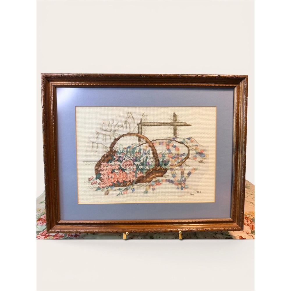 Lot of 2 Vintage Framed Cross Stitch Art Cottagecore Floral Grannycore